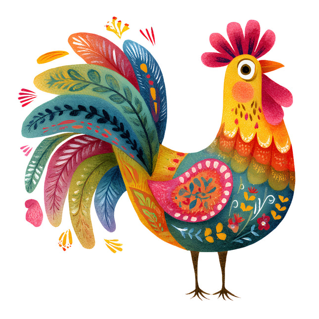 folk chicken fabric panel