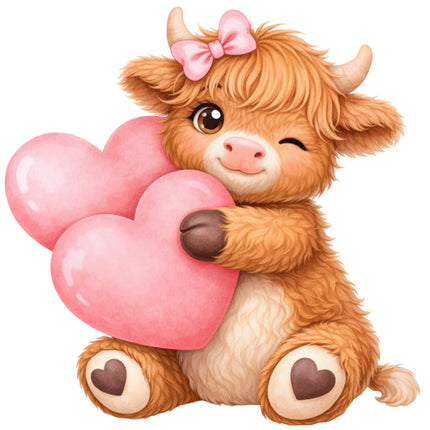 highland cow and pink hearts quilt block
