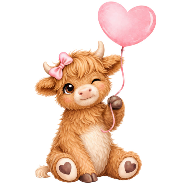 highland cow and pink hearts quilt block