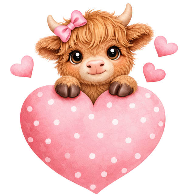 highland cow and pink hearts quilt block