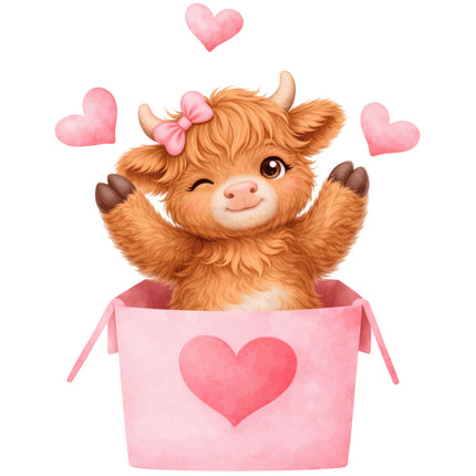 highland cow and pink hearts quilt block