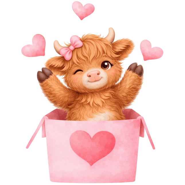 highland cow and pink hearts quilt block