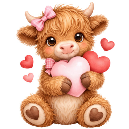 highland cow and pink hearts quilt block