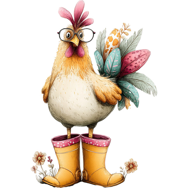 whimsical chicken wearing glasses and boots quilt square