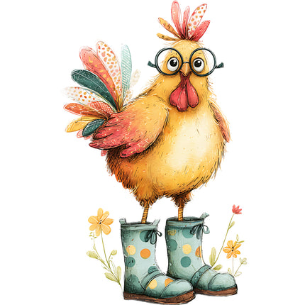 whimsical chicken wearing glasses and boots quilt block