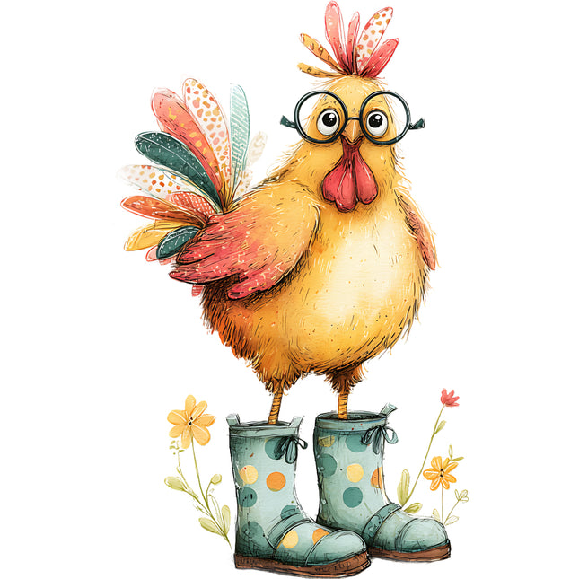 whimsical chicken wearing glasses and boots quilt block