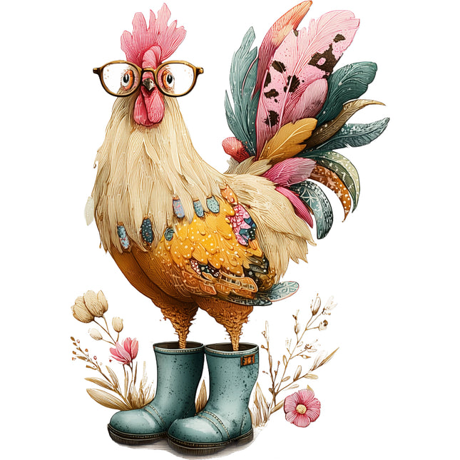 whimsical chicken wearing glasses and boots quilt square