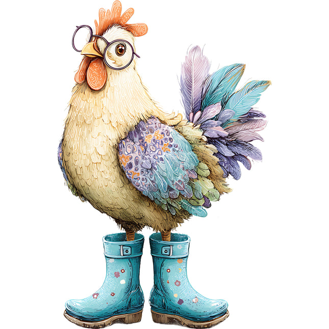 whimsical chicken wearing glasses and boots quilt block
