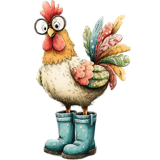 whimsical chicken wearing glasses and boots quilt block