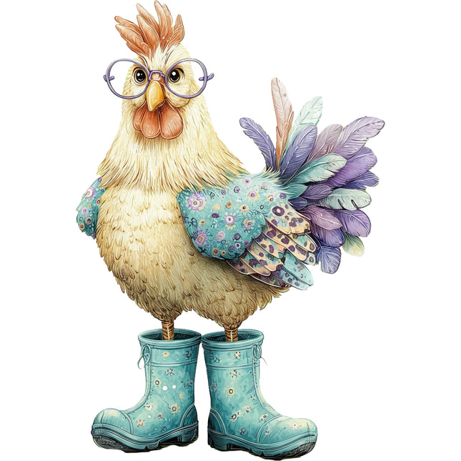 whimsical chicken wearing glasses and boots quilt square block