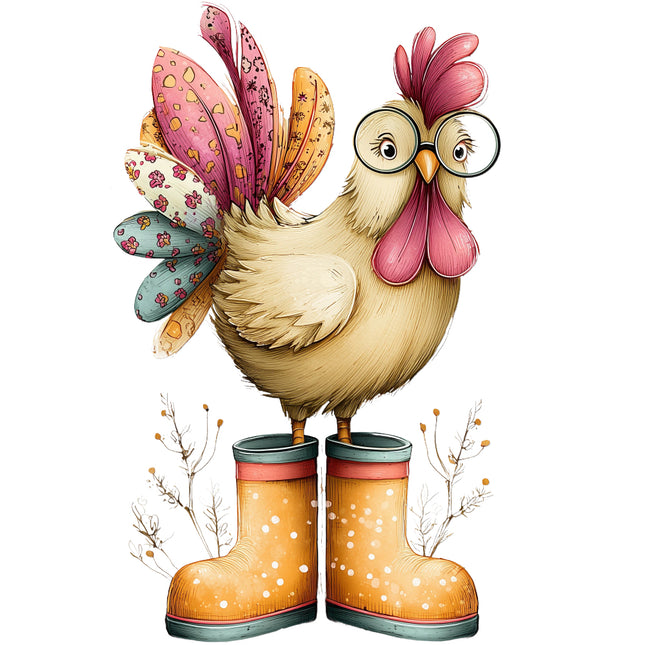 whimsical chicken wearing glasses and boots quilt block