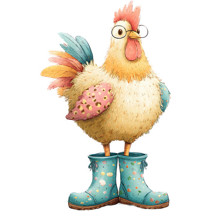 whimsical chicken wearing glasses and boots quilt block