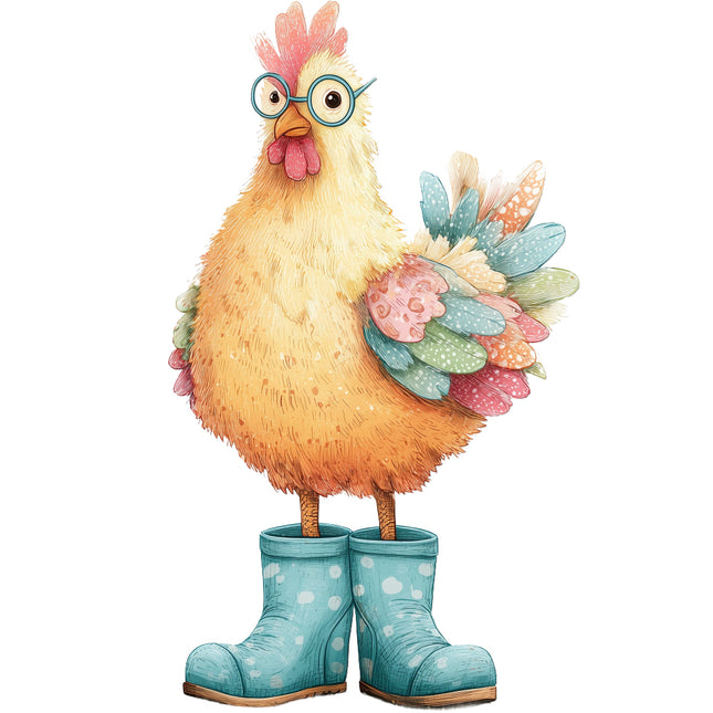 whimsical chicken wearing glasses and boots quilt block