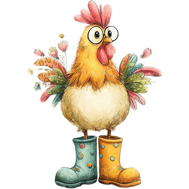 whimsical chicken wearing glasses and boots quilt block