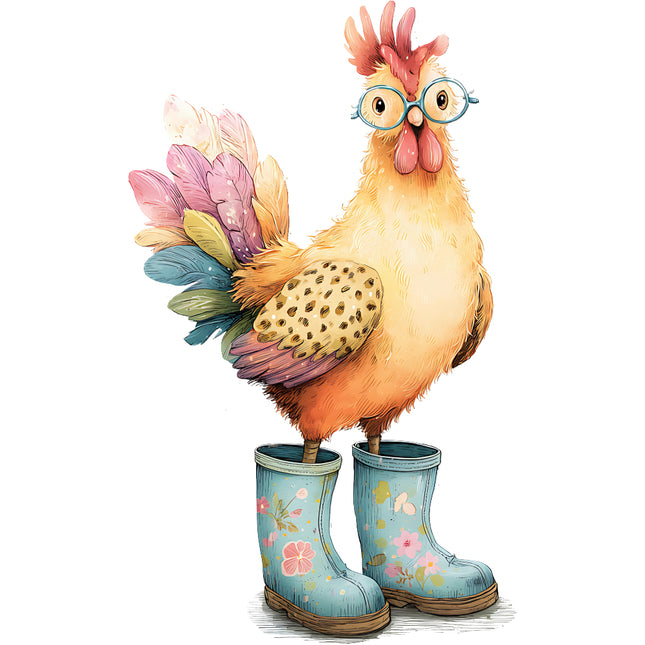 whimsical chicken wearing glasses and boots quilt square