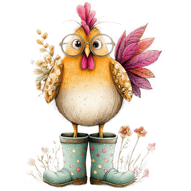 whimsical chicken wearing glasses and boots quilt square