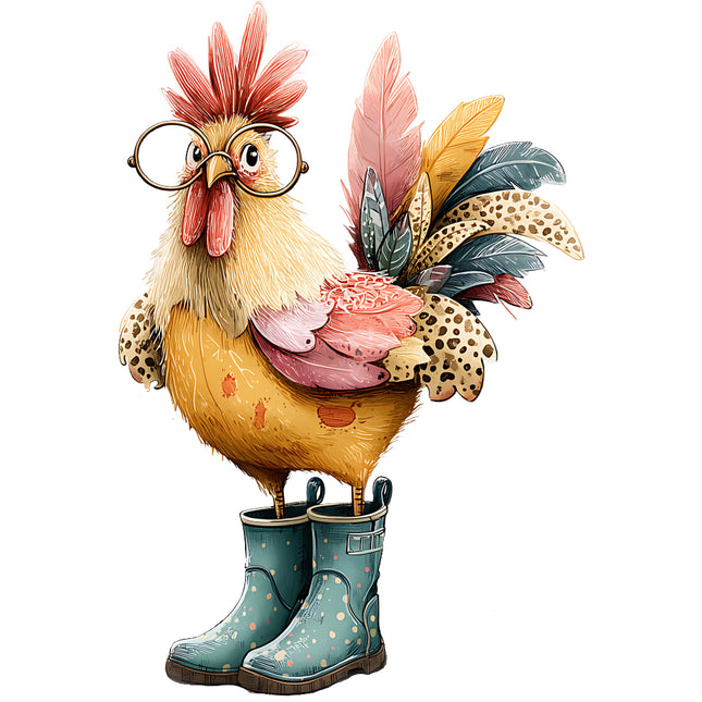 whimsical chicken wearing glasses and boots quilt square