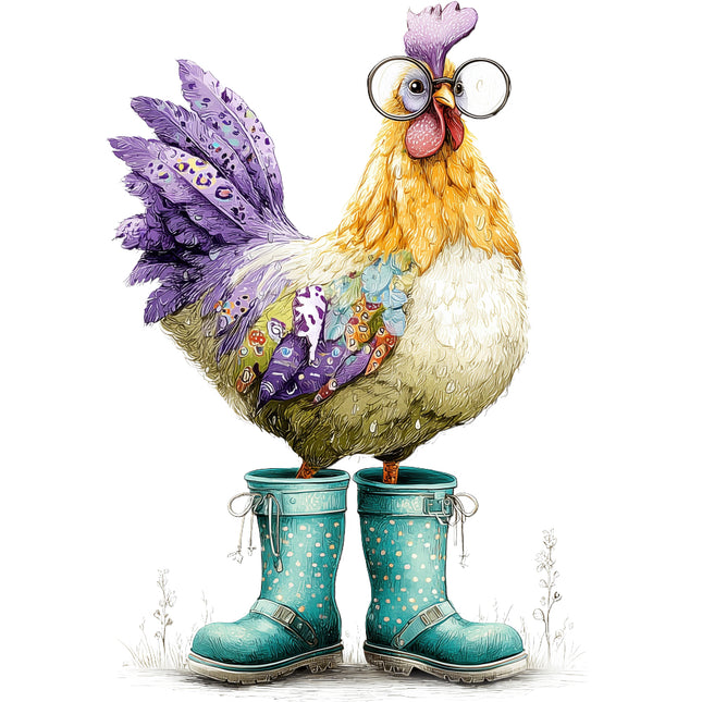 whimsical chicken wearing glasses and boots quilt square