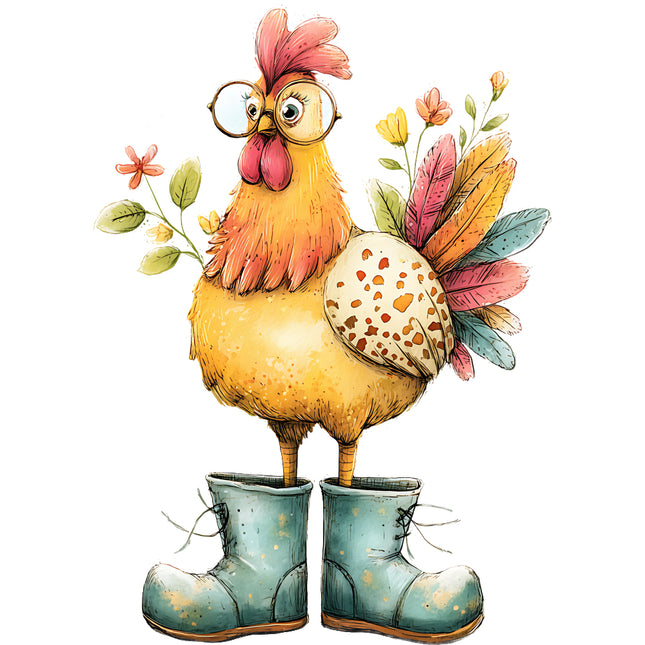 whimsical chicken wearing glasses and boots quilt square
