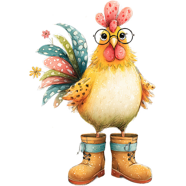 whimsical chicken wearing glasses and boots quilt square