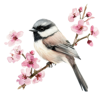 Bird perched on a branch with pink flowers fabric panel