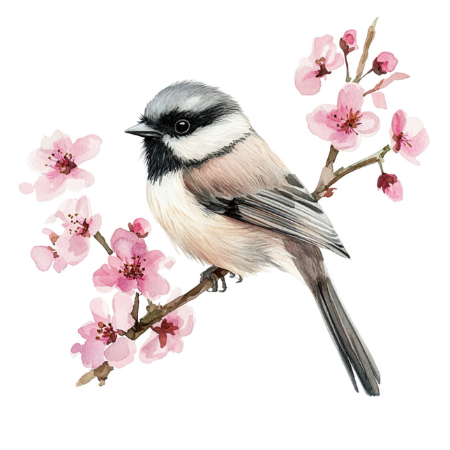 Bird perched on a branch with pink flowers fabric panel
