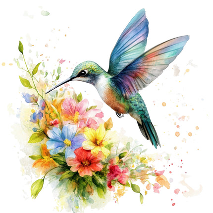 Colorful hummingbird perched on a bouquet of flowers fabric panel