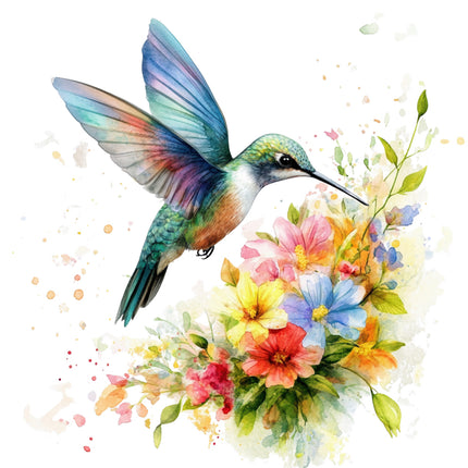 Colorful hummingbird perched on a bouquet of flowers fabric panel