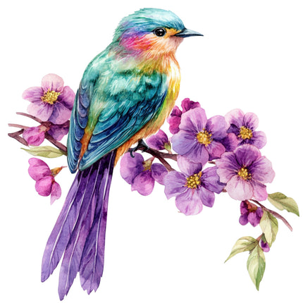 Colorful bird perched on a branch with purple flowers fabric panel