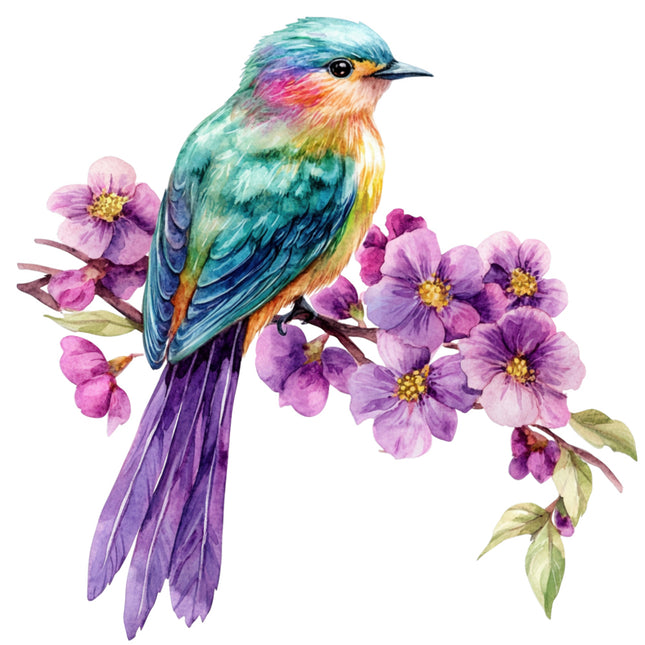 Colorful bird perched on a branch with purple flowers fabric panel