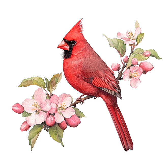 Red cardinal bird perched on a branch with pink flowers fabric panel