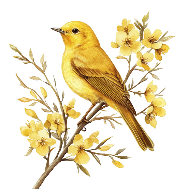 Yellow bird perched on a branch with yellow flowers fabric panel