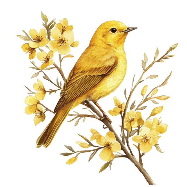 Yellow bird perched on a branch with yellow flowers fabric panel