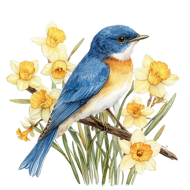 Blue bird perched on a branch with yellow flowers fabric panel