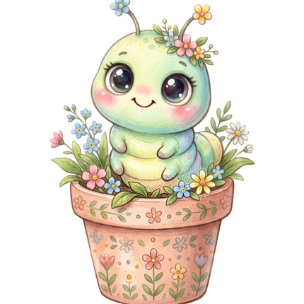 caterpillar in a pot with flowers quilt block