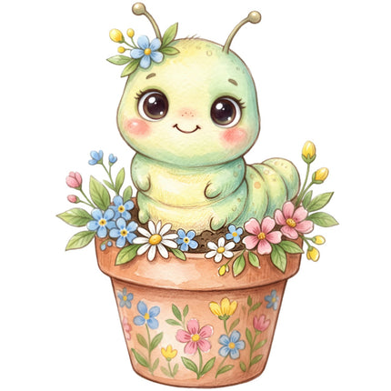caterpillar in a pot with flowers quilt square