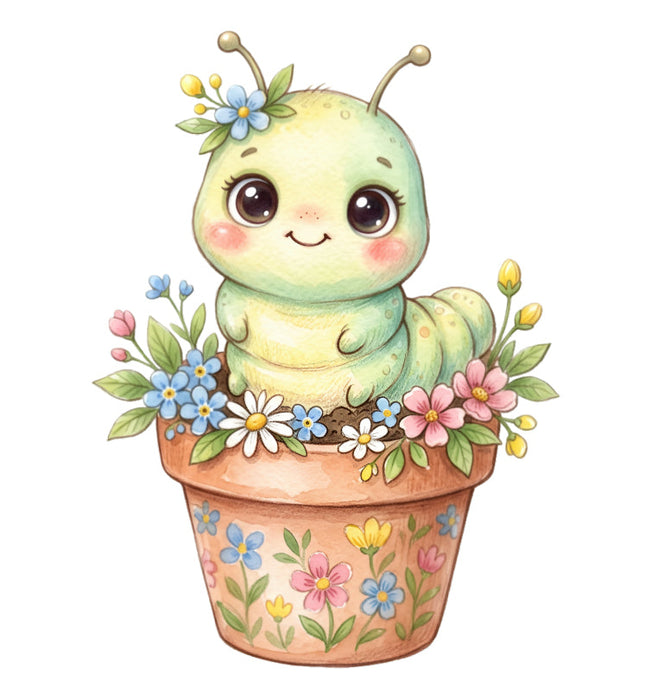 caterpillar in a pot with flowers quilt square