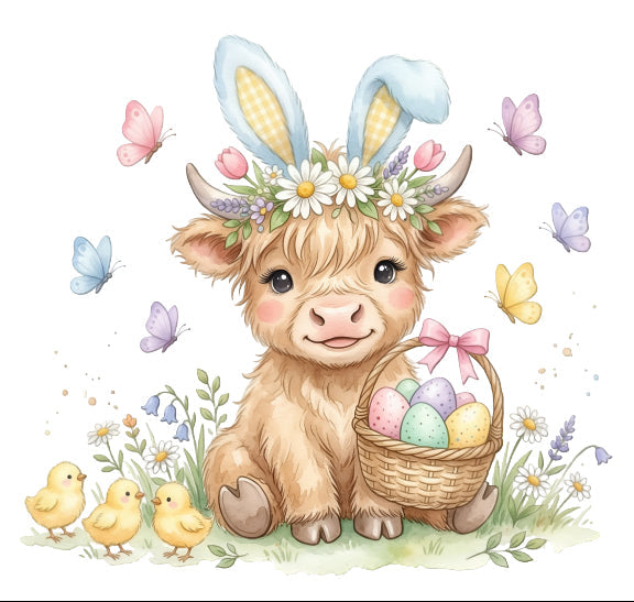 Easter highland cow fabric panel
