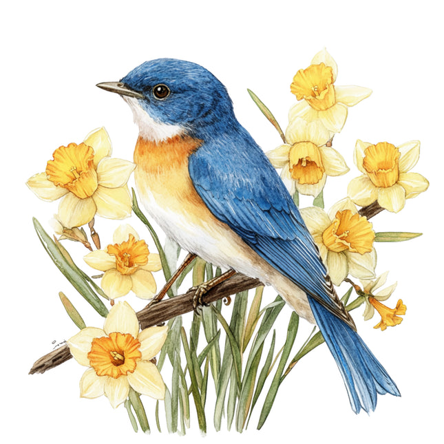 Blue bird perched on a branch with yellow flowers fabric panel