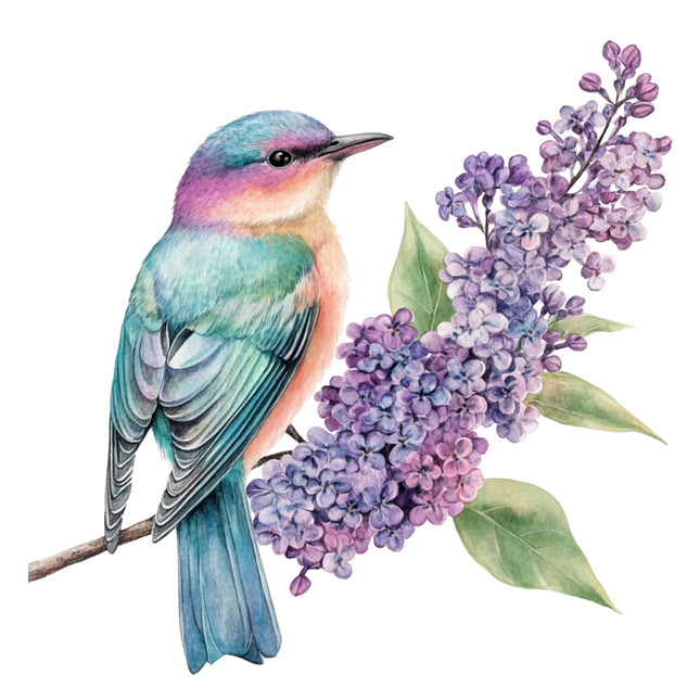 Colorful bird perched on a branch with purple flowers fabric panel