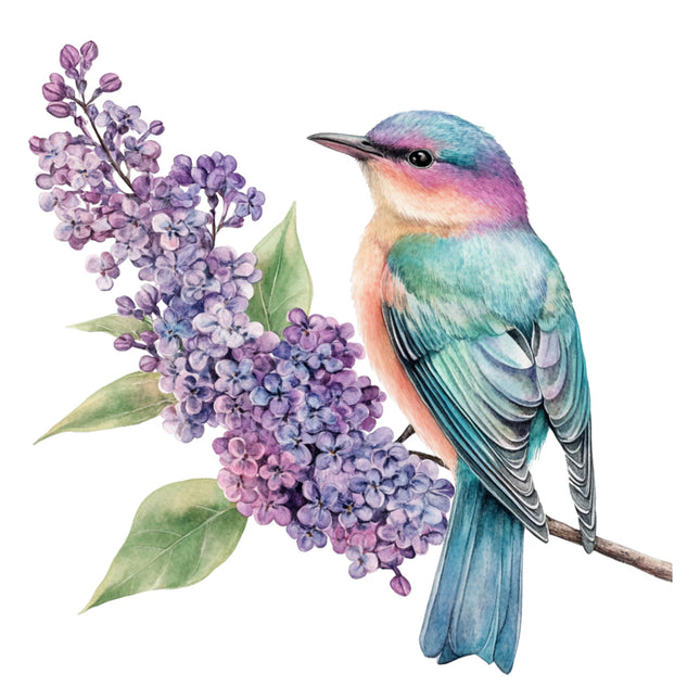 Colorful bird perched on a branch with purple flowers fabric panel