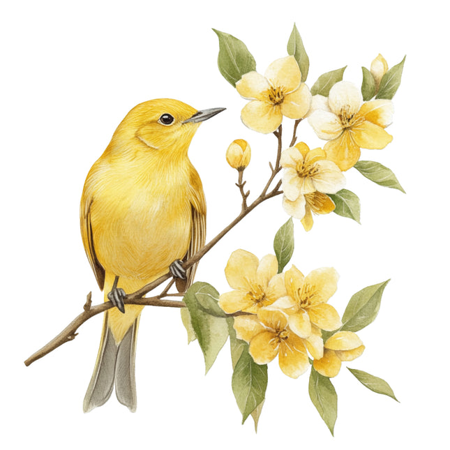 Yellow bird perched on a branch with yellow flowers fabric panel