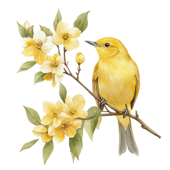 Yellow bird perched on a branch with yellow flowers and green leaves fabric panel