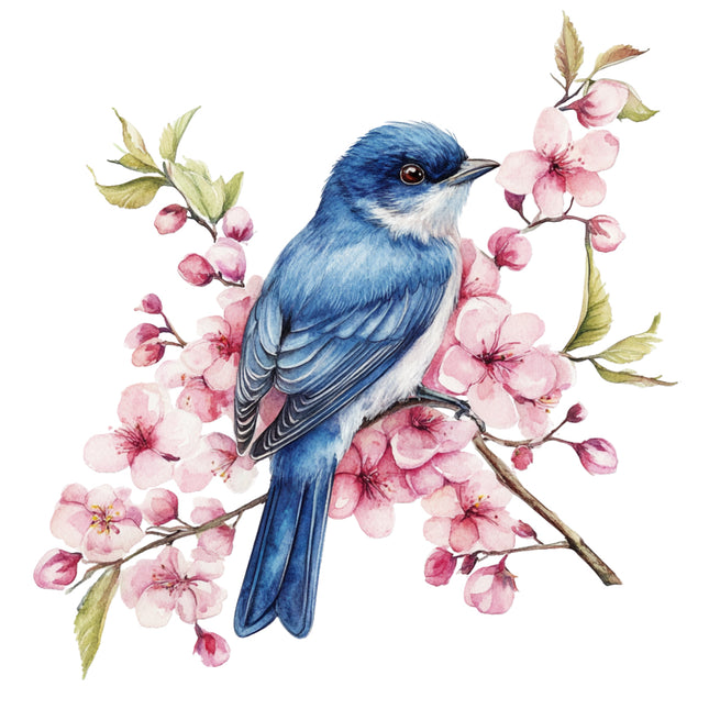 Blue bird perched on a branch with pink flowers fabric panel