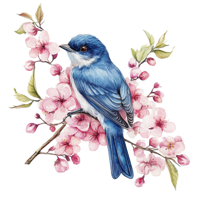 Blue bird perched on a branch with pink flowers fabric panel