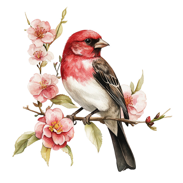 Red and white bird perched on a branch with pink flowers fabric panel