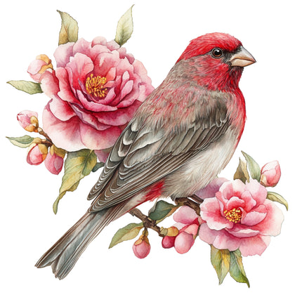 Red bird perched on a branch with pink flowers fabric panel