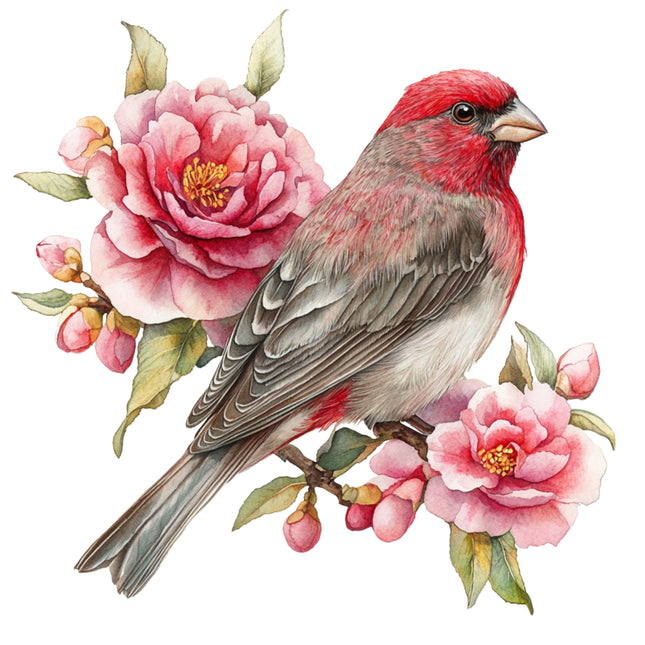 Red bird perched on a branch with pink flowers fabric panel