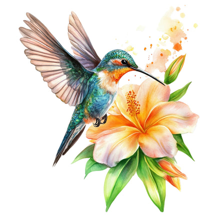 Colorful hummingbird perched on a pink flower with green leaves fabric panel