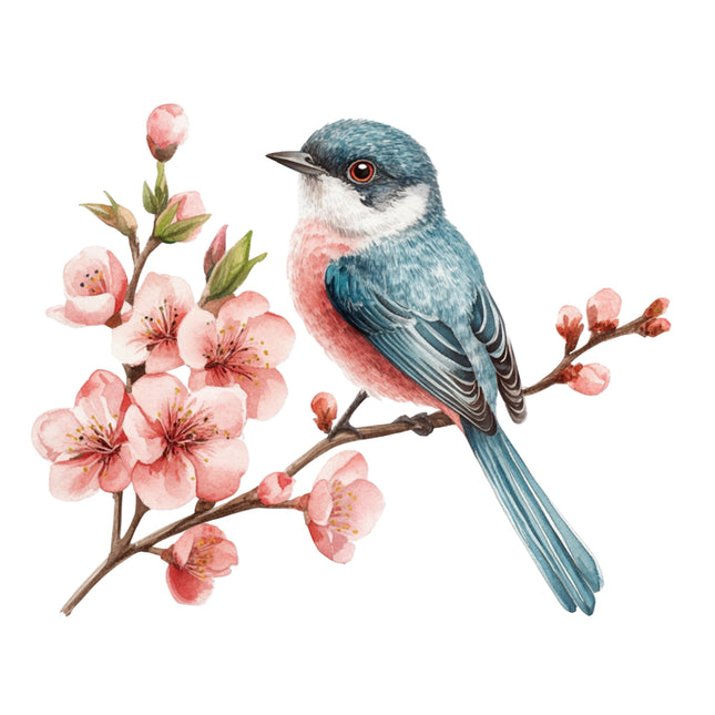 bird perched on a branch with pink flowers fabric panel